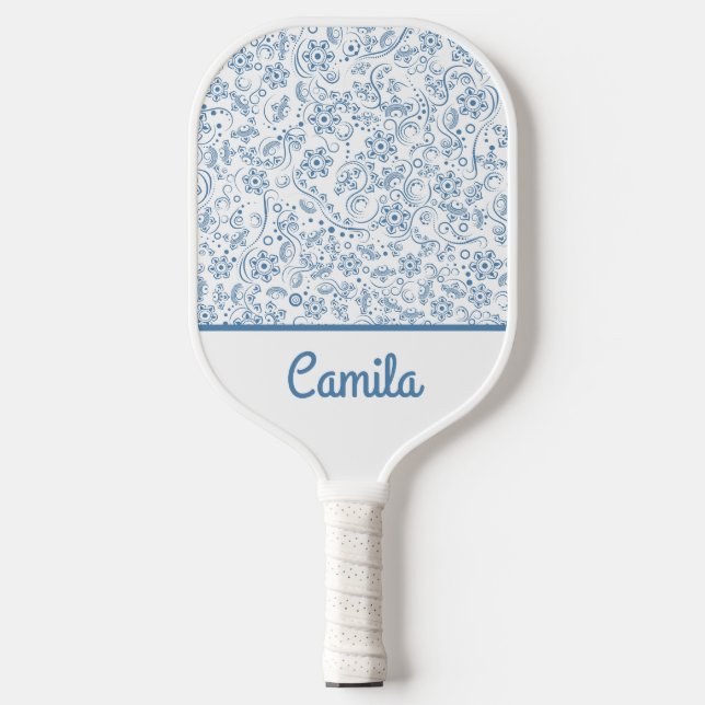 Personalized Blue Floral Pattern Custom Name  Pickleball Paddle (Front)
