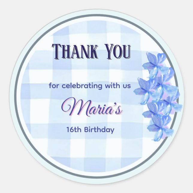 Personalized Blue Floral Thank You Sticker | Bday (Front)