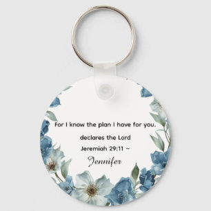 Personalized blue flower Bible Scripture jeremiah Key Ring