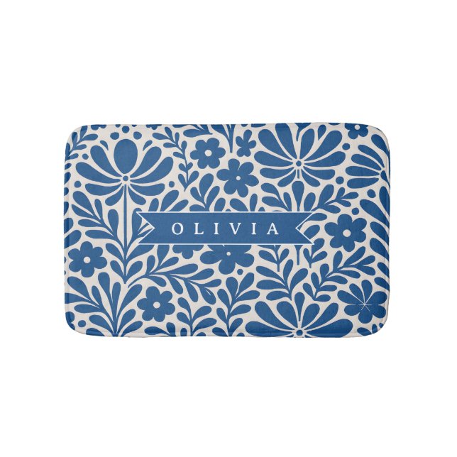 Personalized Blue Folk Floral Nordic Custom Bath Mat (Front)