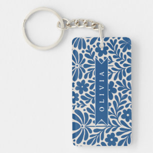 Personalized Blue Folk Floral Nordic Custom Key Ring