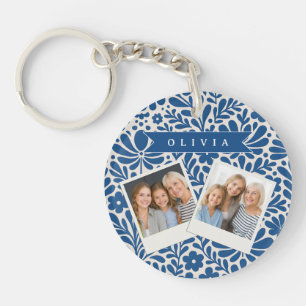 Personalized Blue Folk Floral Nordic Custom Key Ring