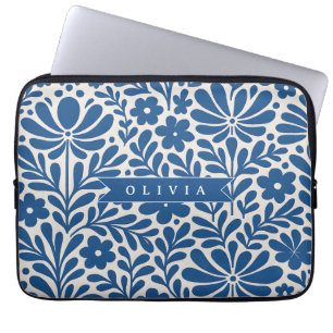 Personalized Blue Folk Floral Nordic Custom Laptop Sleeve