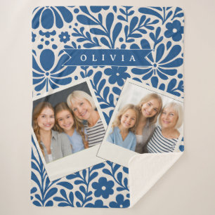 Personalized Blue Folk Floral Nordic Custom Sherpa Blanket