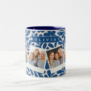 Personalized Blue Folk Floral Nordic Custom Two-Tone Coffee Mug