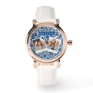 Personalized Blue Folk Floral Nordic Custom Watch
