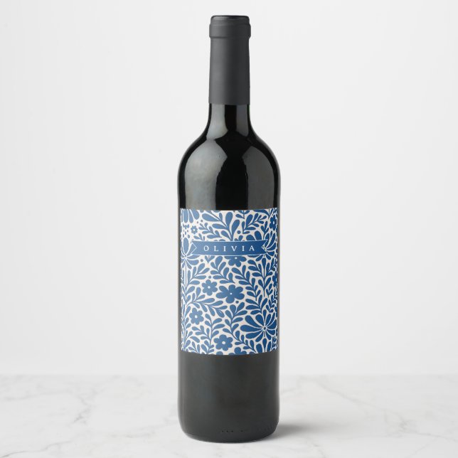 Personalized Blue Folk Floral Nordic Custom Wine Label (Front)