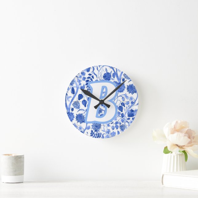 Personalized Blue French Toile B Round Clock (Home)