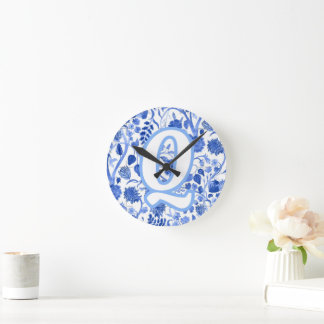Personalized Blue French Toile Q Round Clock