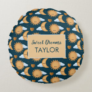 Personalized Blue Gold Sun Moon Sweet Dreams Name Round Cushion