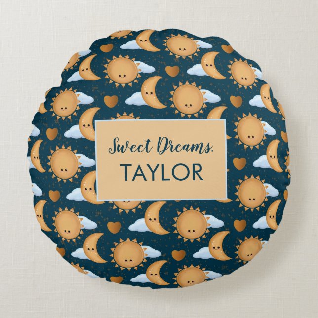 Personalized Blue Gold Sun Moon Sweet Dreams Name Round Cushion (Front)