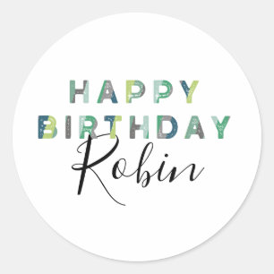 Personalized Blue Green Letters Happy Birthday Classic Round Sticker