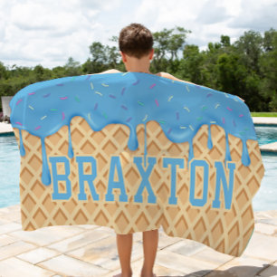 Personalized Blue Ice Cream Drip Beach Towel