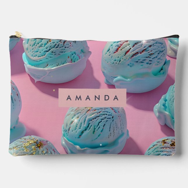 Personalized Blue Ice Cream Glitter Pattern Accessory Pouch (Front)