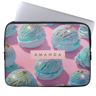 Personalized Blue Ice Cream Glitter Pattern Laptop Sleeve