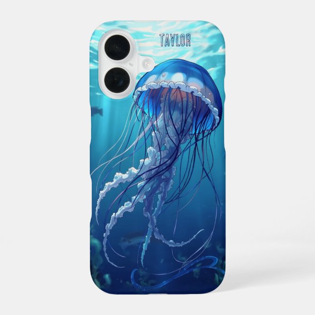 Personalized Blue Jellyfish Ocean iPhone 16 Case (Back)