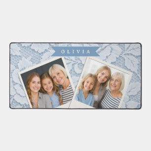 Personalized Blue Lace Floral Elegant Romantic Desk Mat
