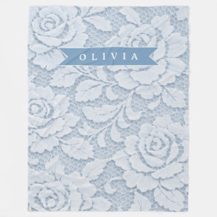 Personalized Blue Lace Floral Elegant Romantic Fleece Blanket