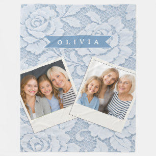 Personalized Blue Lace Floral Elegant Romantic Fleece Blanket