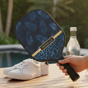 Personalized Blue Leopard Print Tropical Floral Pickleball Paddle