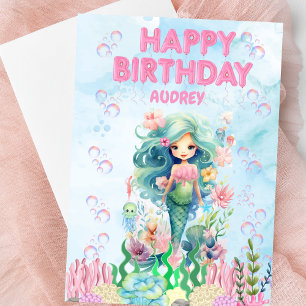 Personalized Blue Mermaid Happy Birthday Card