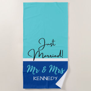 Personalized Blue Mr And Mrs Just Married Beach Towel