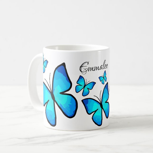 Personalized Blue Painted Butterflies Coffee Mug (Front Left)