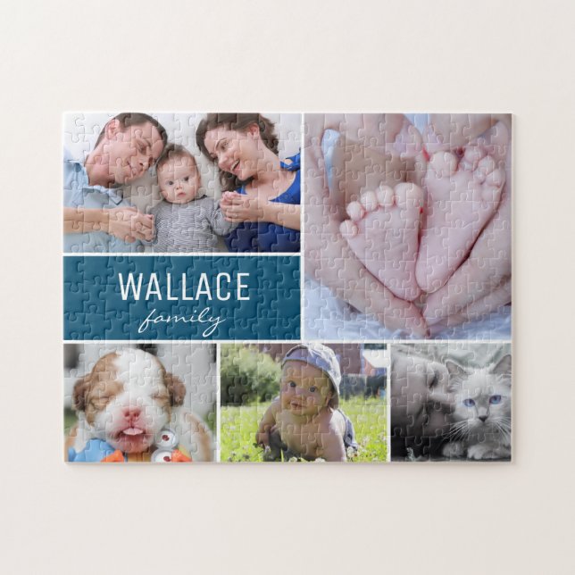 Personalized Blue Photo Collage Family Jigsaw Puzzle (Horizontal)