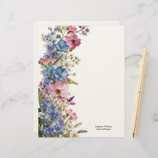 Personalized Blue Pink White Wildflowers Florals  Custom Letterhead