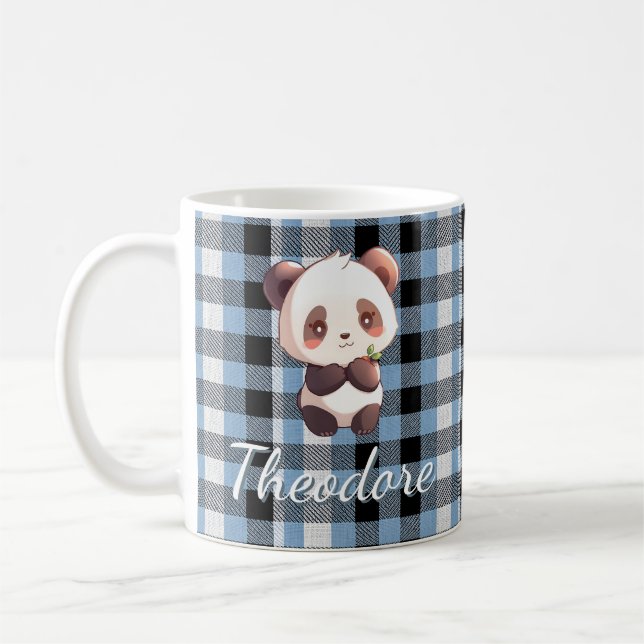 Personalized Blue Plaid Panda Coffee Mug (Left)