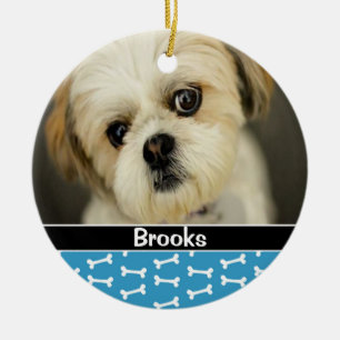 Personalized Blue Puppy Dog Bones Photo Pet Ceramic Ornament
