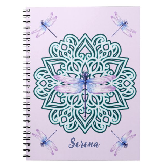 Personalized Blue Purple Dragonfly Mandala Pink Notebook (Front)