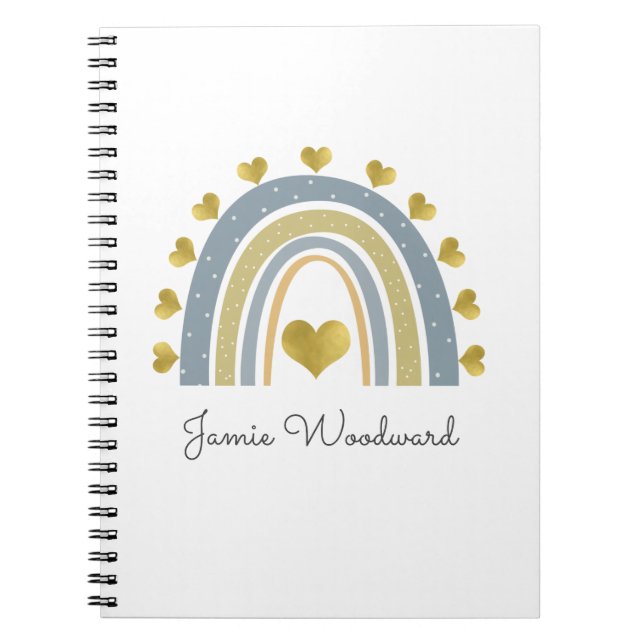 Personalized Blue Rainbow Golden Hearts 3 Ring Bin Notebook (Front)