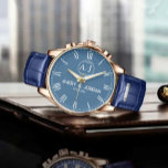 Personalized Blue Roman Numeral Luxury Custom Gift Watch<br><div class="desc">Personalized Blue Roman Numeral Luxury Custom Gift Description: Celebrate elegance with this personalized blue leather Roman numeral watch, featuring a sophisticated blue dial, Roman numeral markers, and a premium gold-tone case. The rich blue leather strap and custom engraving with names and dates make it a thoughtful gift for weddings, anniversaries,...</div>