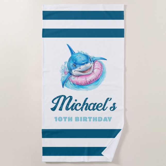 Personalized Blue Stripe with Shark Beach Towel (Front)