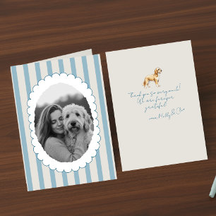 Personalized Blue Striped Pet Photo Golden Doodle Thank You Card