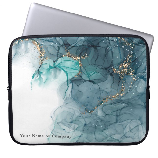 Personalized Blue Teal Marble Ink Laptop Case (Front)