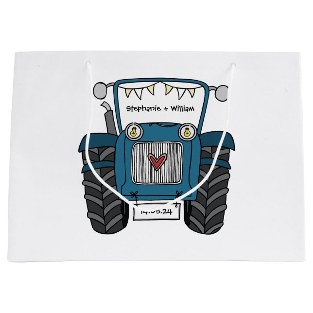 Personalized Blue Tractor Country Wedding Gift Bag (Front)
