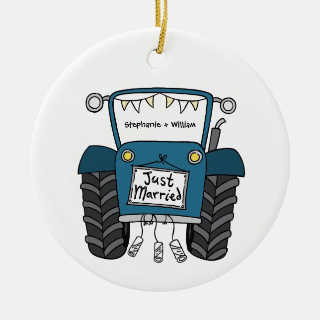 Personalized Blue Tractor Country Wedding Gift Ceramic Ornament (Front)