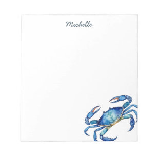 Personalized  Blue Watercolor Crab Summer Beach    Notepad