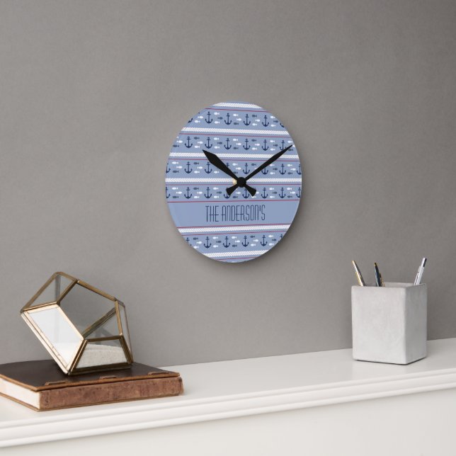 Personalized Blue White Nautical Anchors  Round Clock (Office)