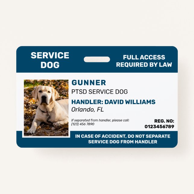 Personalized Blue White Service Dog Photo ID Badge (Front)