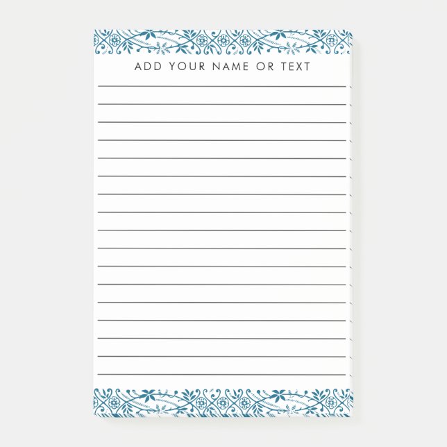 Personalized Blue & White Tile Border Lined Post-it Notes (Front)
