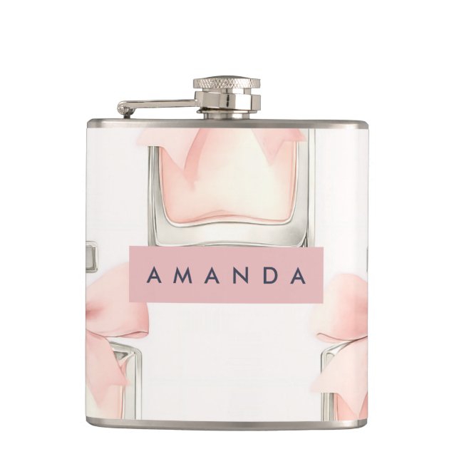 Personalized Blush Perfume Bottle Coquette Pattern Hip Flask (Front)
