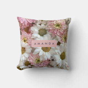 Personalized Blush Pink and White Daisy Flower Cushion