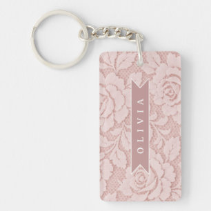 Personalized Blush Pink Lace Floral Romantic Key Ring