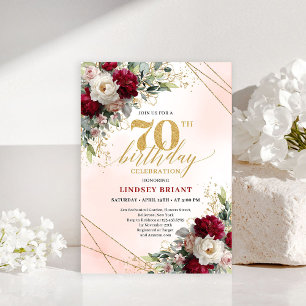 Personalized Boho Burgundy Floral 70th Birthday  Invitation