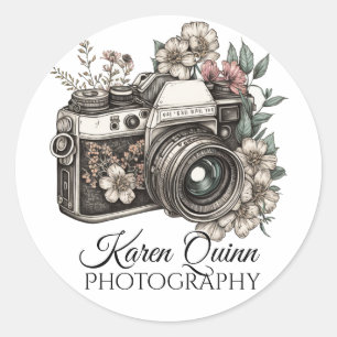 Personalized, Boho Camera Print, Photography Brand Classic Round Sticker