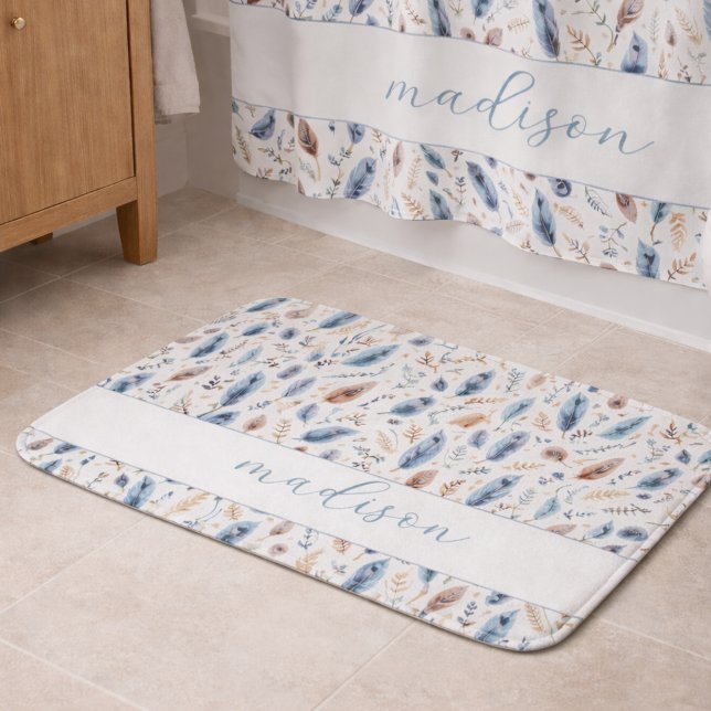 Personalized Boho Feather Floral Bath Mat (Creator Uploaded)