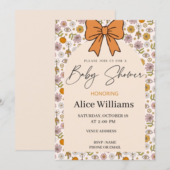 Personalized Boho Floral Bow Baby Shower Invite (Front/Back)